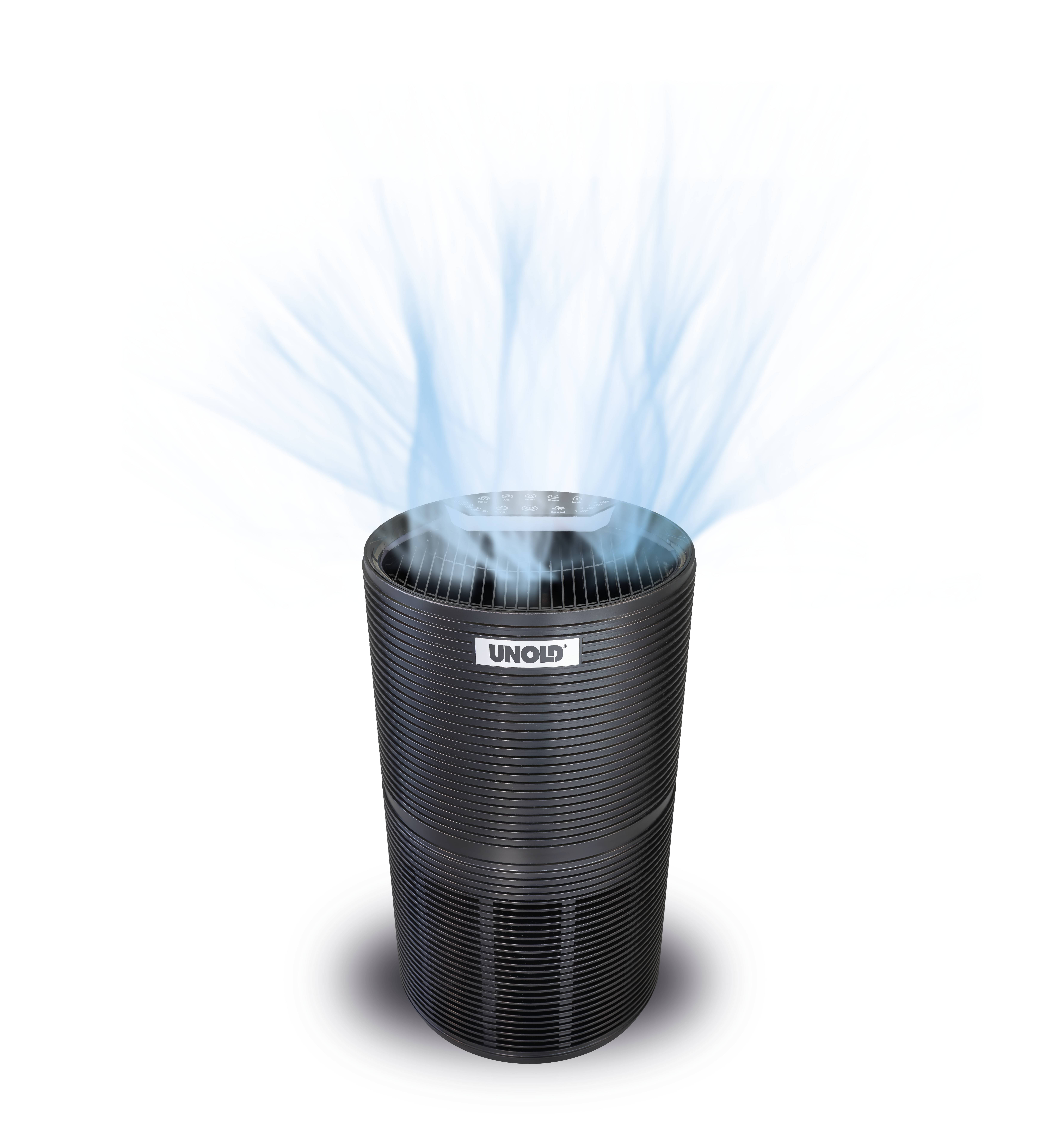 A cylindrical air purifier by Unold, from which blue air streams emerge, symbolises clean air distribution.