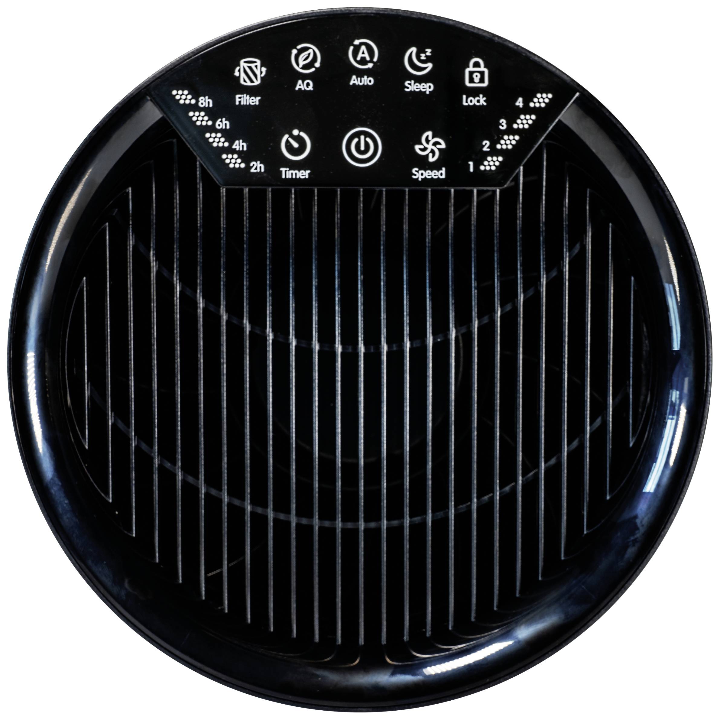 'Air purifier viewed from above with control panel featuring timer, speed, and lock functions, along with an air quality indicator.'