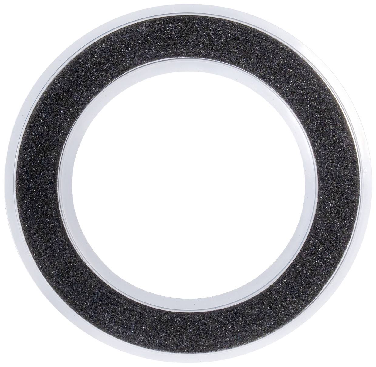 A circular seal with a black surface and transparent border. Suitable for sealing in technical applications.