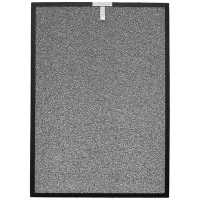 A rectangular felt carpet with a grey, marled surface, framed by a narrow black border.