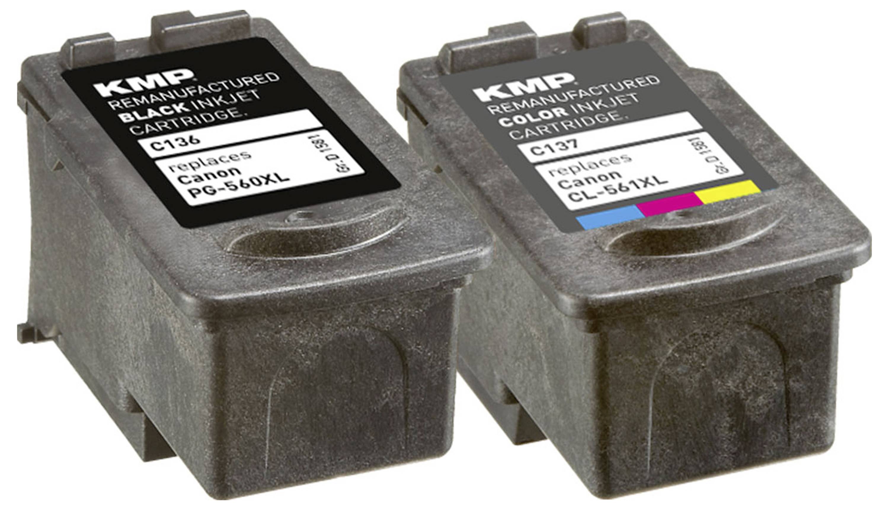 Remanufactured black and color inkjet cartridges labeled 'KMP', replacing Canon PG-510XL and CL-511XL, shown side by side.