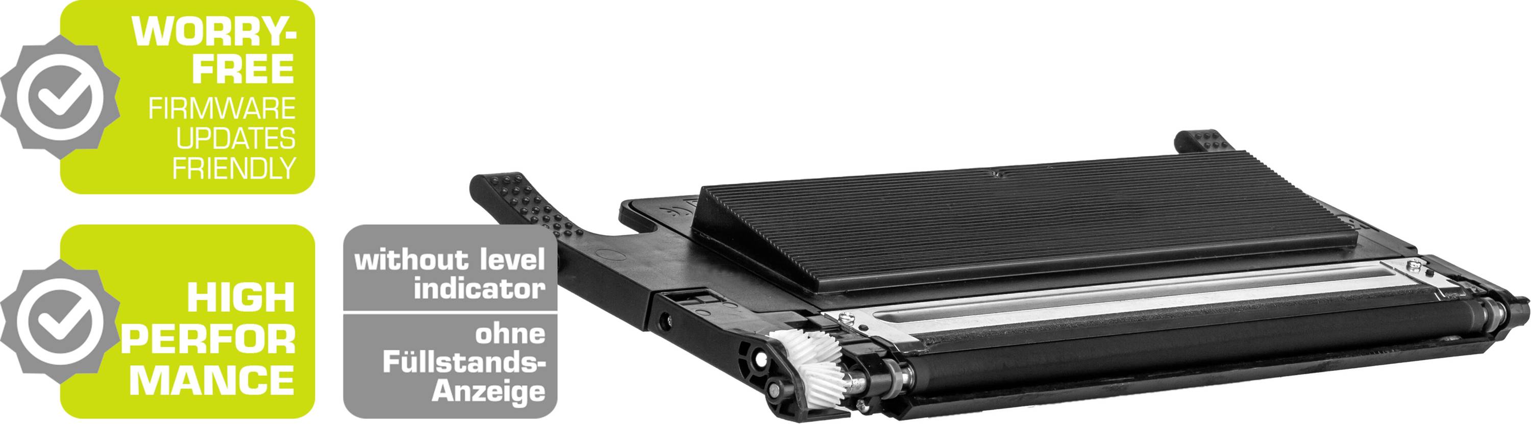 Image of a printer toner with the inscription 'WORRY-FREE FIRMWARE UPDATES FRIENDLY' and 'HIGH PERFORMANCE'.