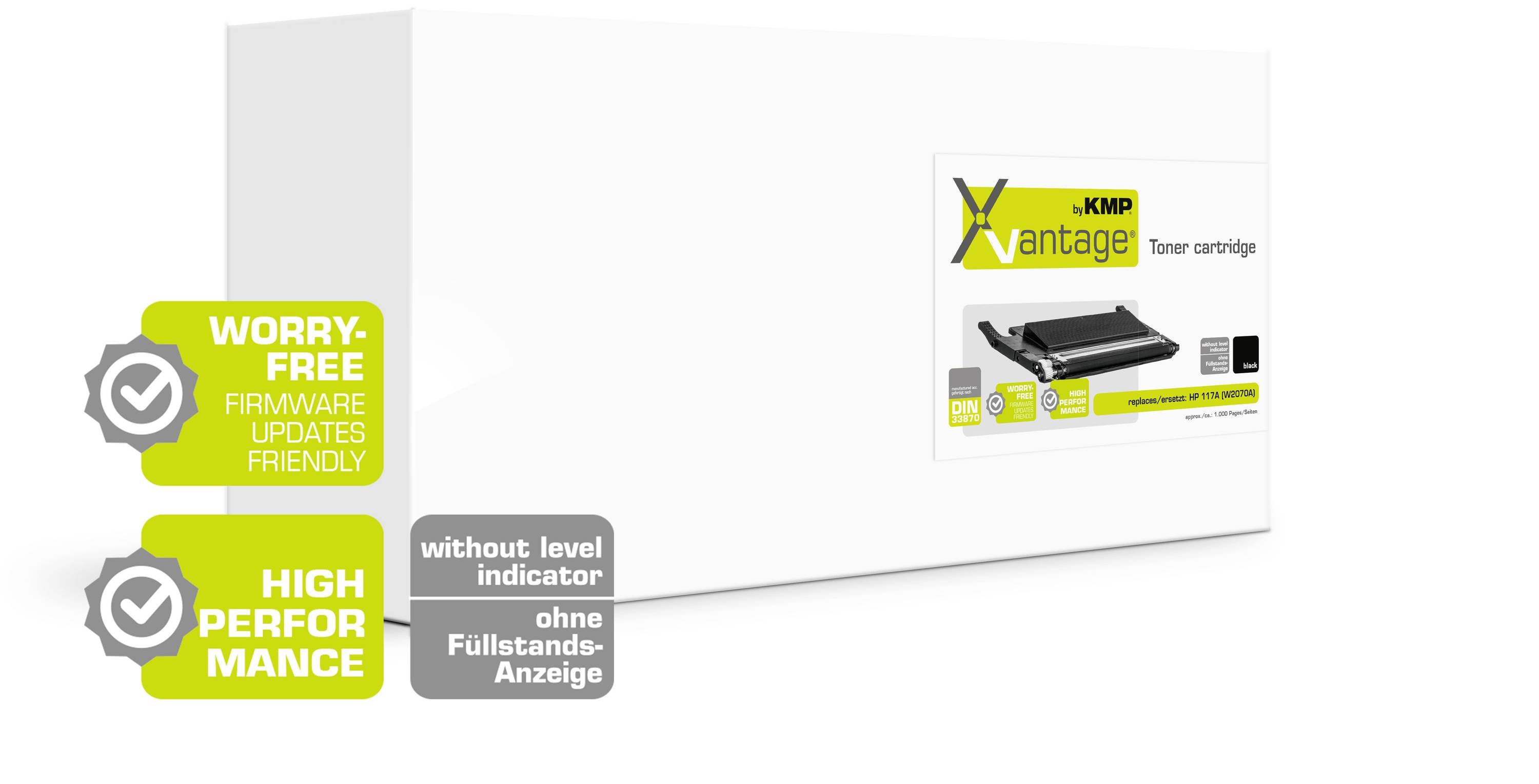 White packaging of a toner from the brand 'XMP Vantage'. Printed text: 'Worry-free firmware updates friendly' and 'High performance'.