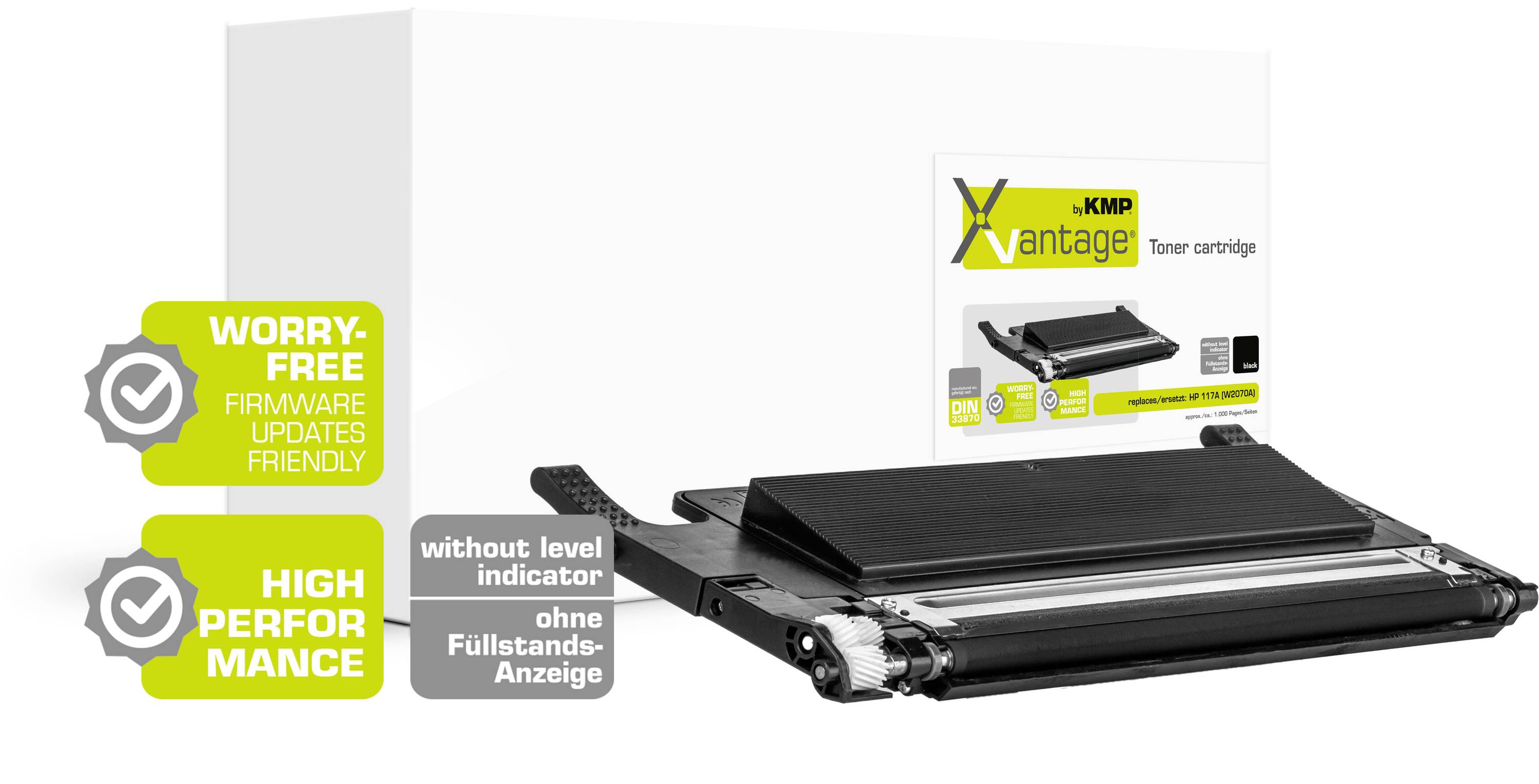 KMP Xantage toner cartridge, available with and without level indicator. White packaging, green labels for 'worry-free' and 'high performance'.