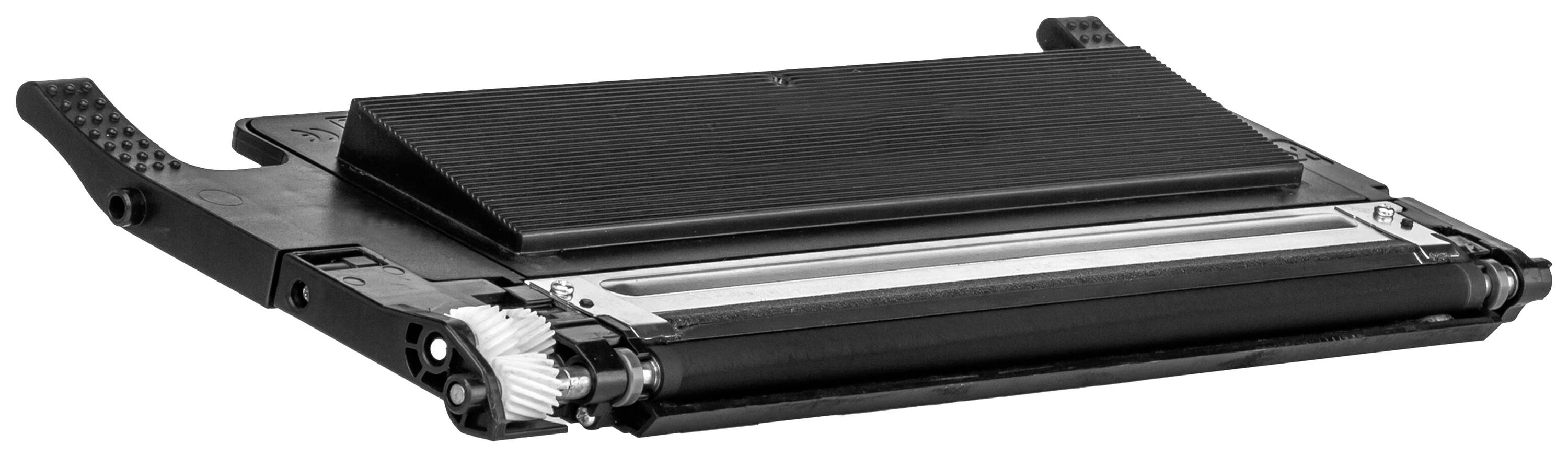 Toner cartridge on a white background, black plastic casing with visible gears and metal roller, replacement part for a printer.