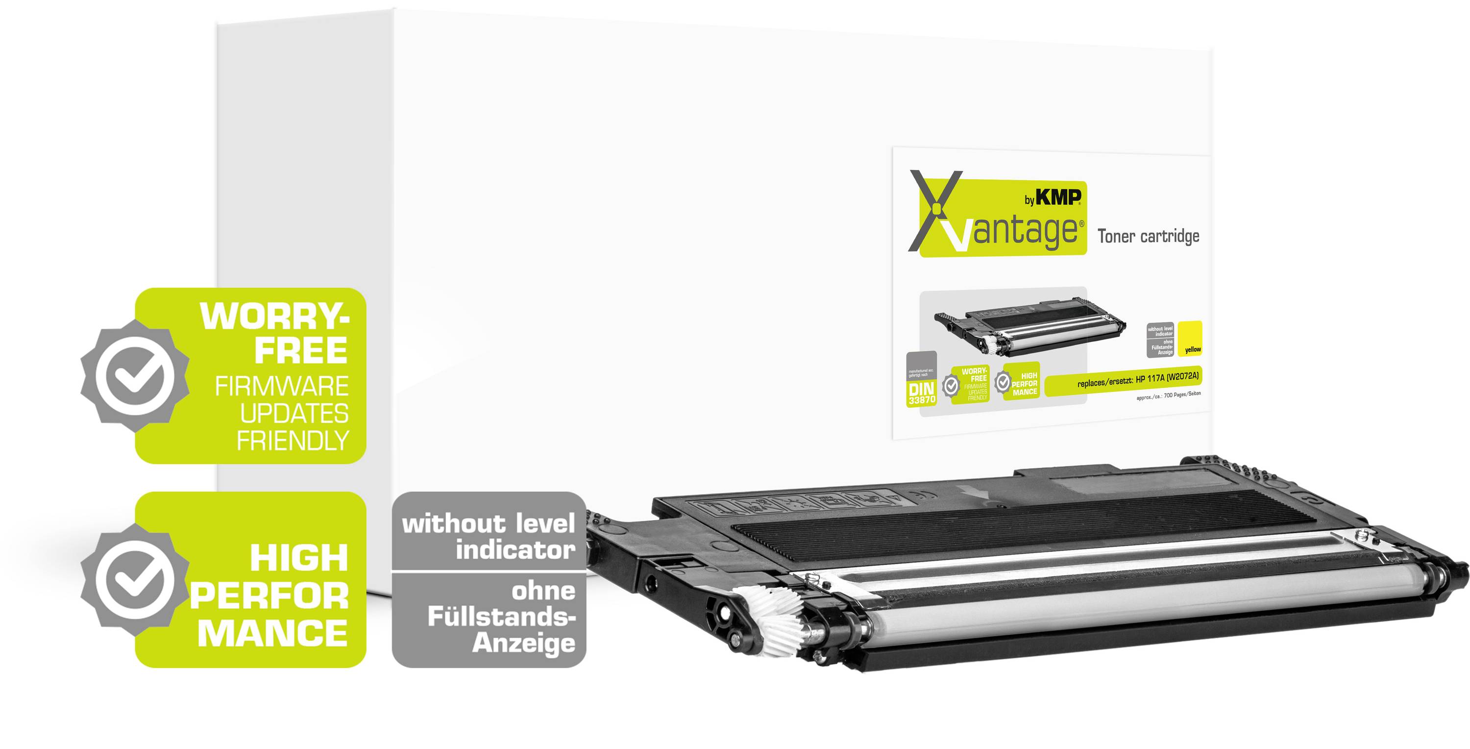 Toner cartridge 'KMP Xantage' in grey packaging with yellow and grey logo. Print: 'Worry-Free', 'High Performance', 'without fill level indicator'.