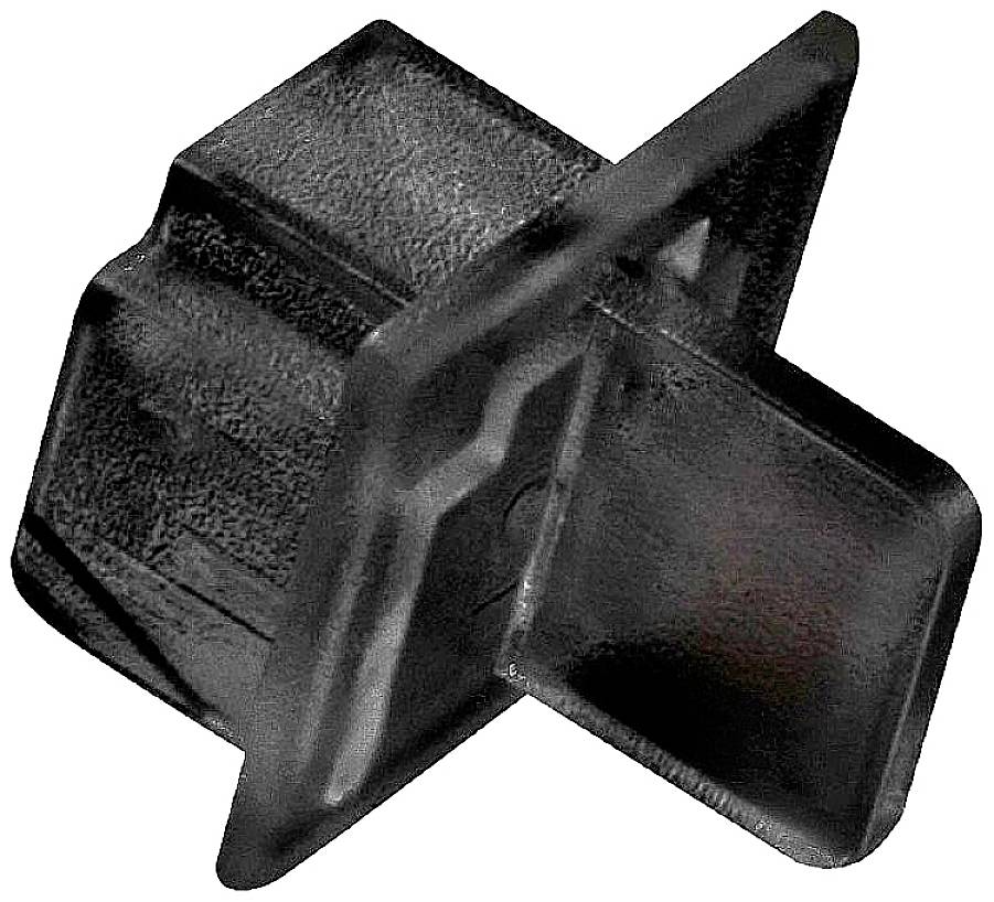 A black, square plastic stopper is shown. It has a ribbed shaft and a flat top surface.