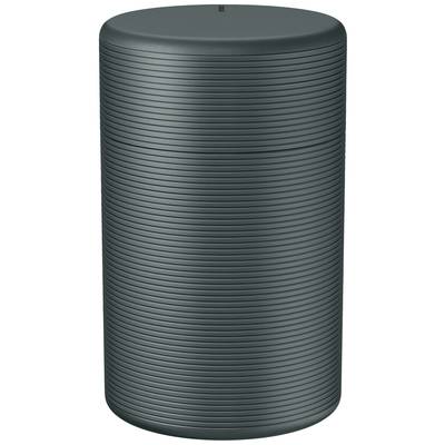 A large, dark grey cylindrical container with horizontal grooves, standing upright.