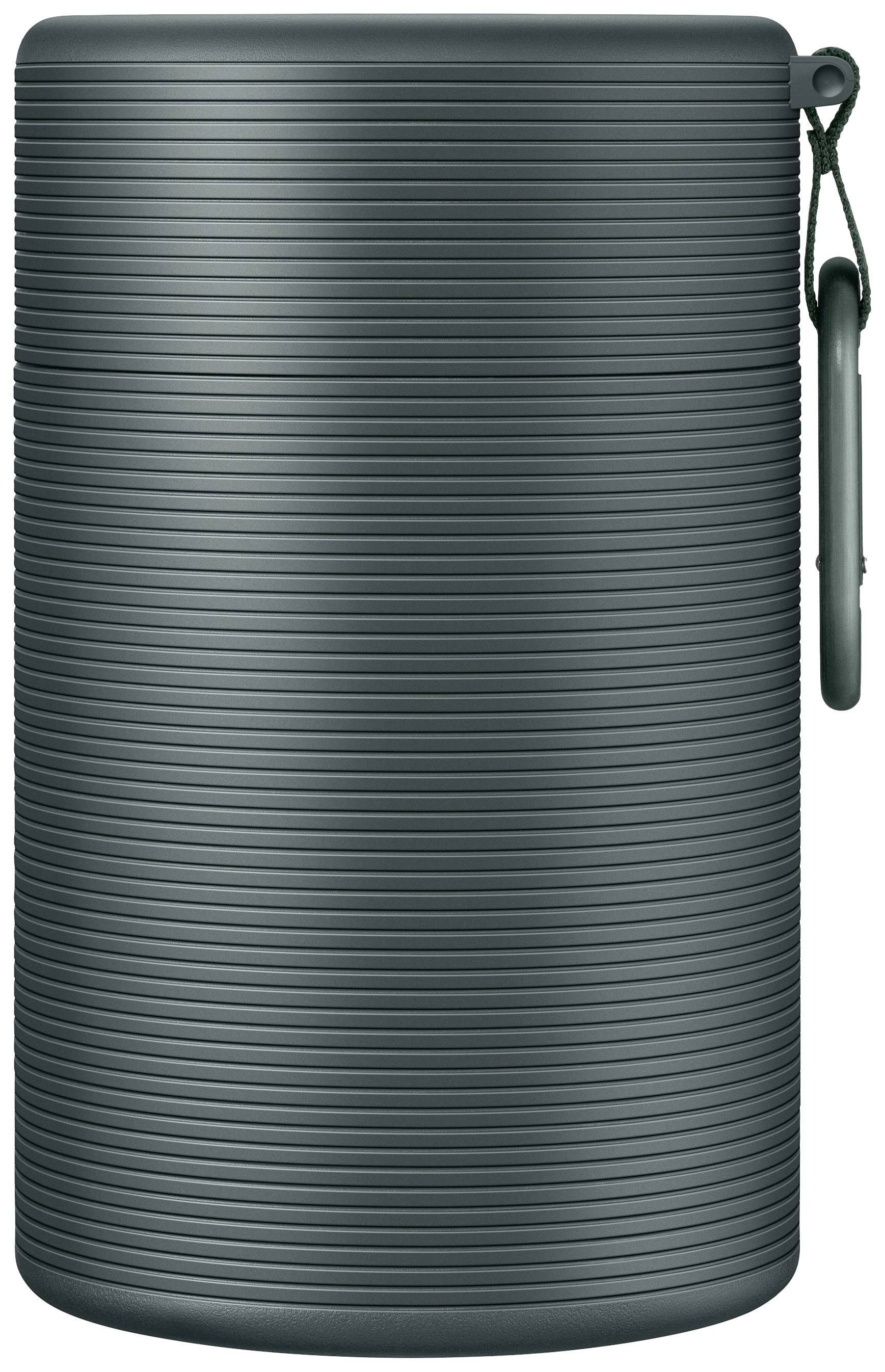 Portable, cylindrical Bluetooth speaker in dark grey with a ribbed surface and carrying loop on the side.