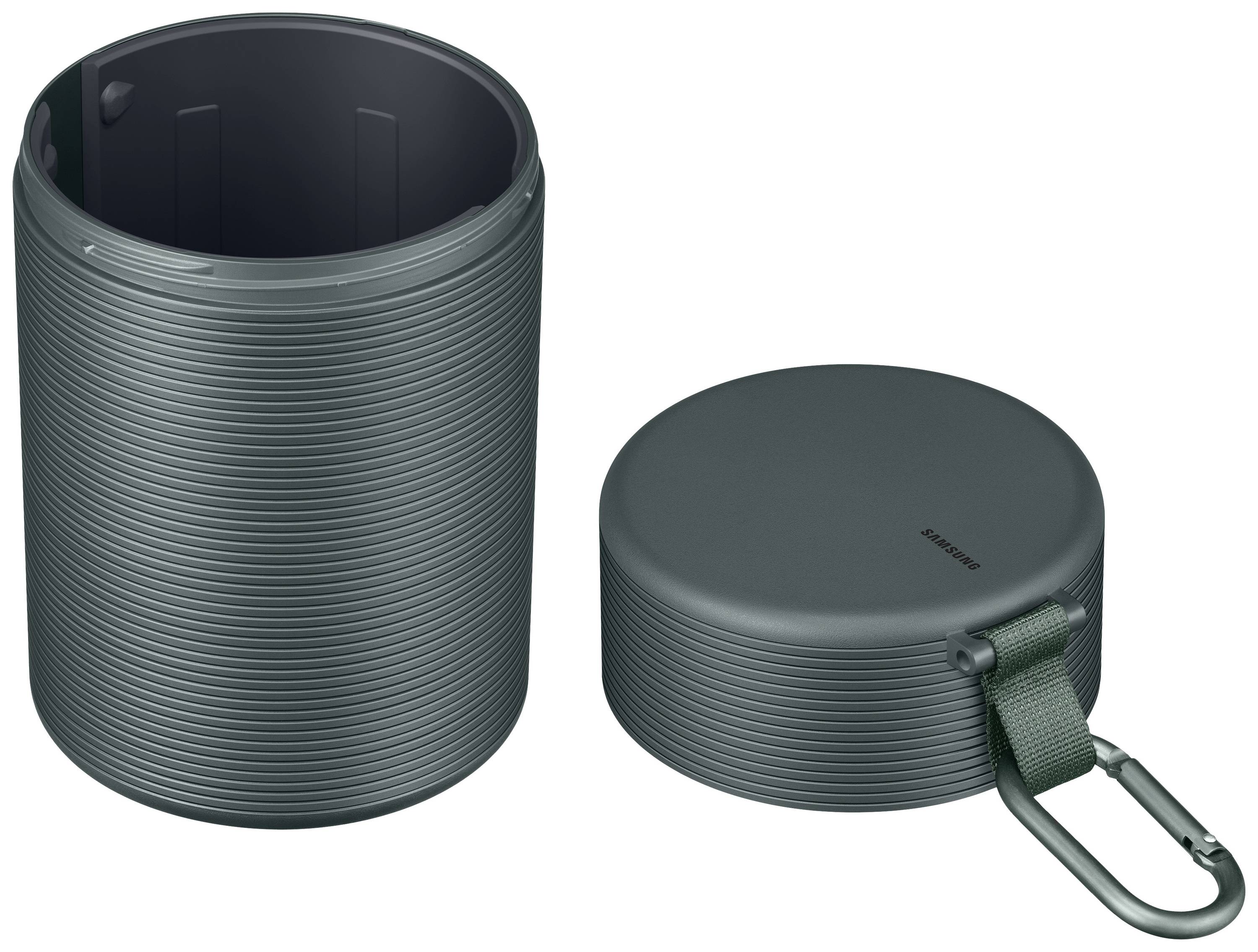 A round, grey container with a ribbed structure. The lid with a carabiner clip lies beside it.