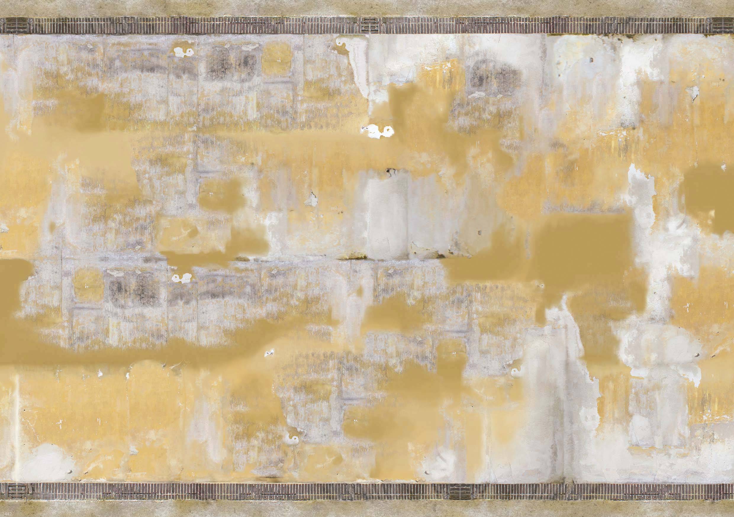 Weathered wall in yellowish and grey tones with peeling paint and a dilapidated appearance.