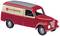Toy model of a red delivery van with beige side lettering 'MITROPA'. Retro design, partial windows, silver details.