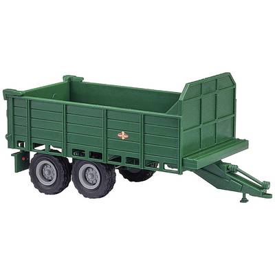 A green, two-axle trailer with high side walls, suitable for agricultural purposes.