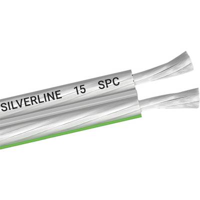 A silver loudspeaker cable with the inscription 'SILVERLINE 15 SPC'. The cable has two separate conductors with fine wires.