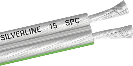Silver speaker cable with the inscription 'SILVERLINE 15 SPC', consisting of two insulated conductors with bare wire strands.