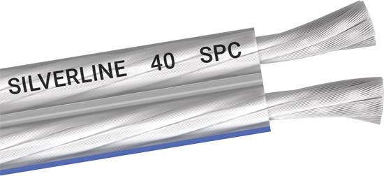 Two-core speaker cable with the inscription 'SILVERLINE 40 SPC', silver conductors with blue and silver insulation elements.