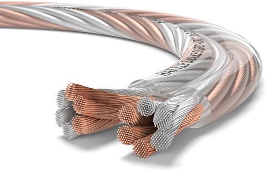 Close-up of a curved cable with orange and silver braided wires, symbolising highly conductive electrical cables.