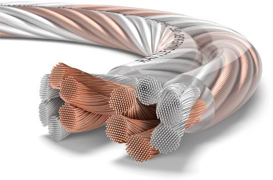 Close-up of a thick cable with multiple twisted copper cores, surrounded by silver wires, indicating electrical robustness.