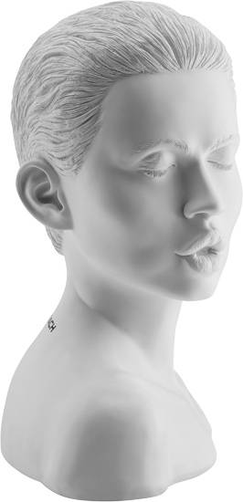 White bust of an androgynous face with closed eyes and slightly parted lips.