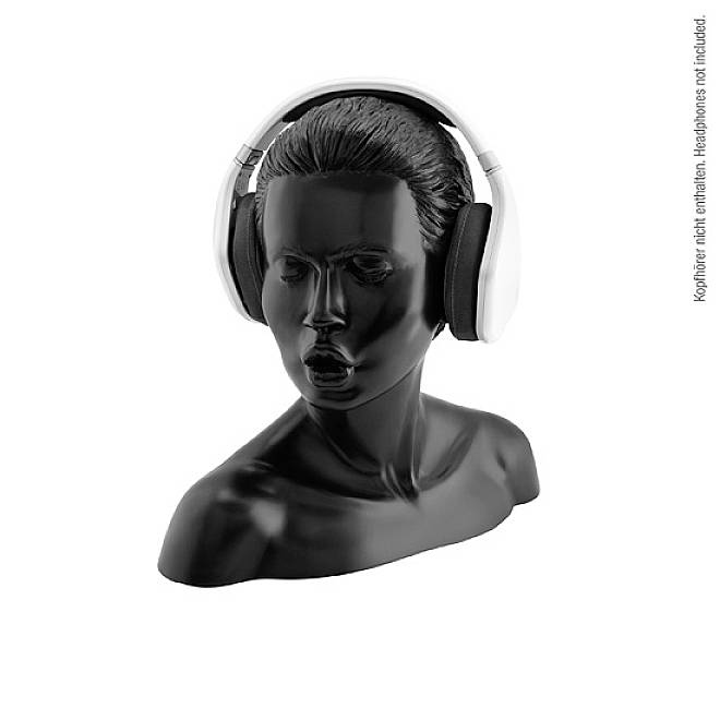 Black bust of a head wearing white headphones, viewed from the side.