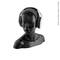Black bust of a head wearing white headphones, viewed from the side.