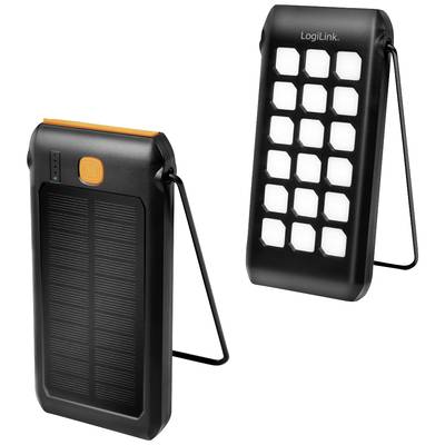 Two black, portable solar chargers with integrated LED panels. One shows the solar panel and charging status indicator, the other the LED side.