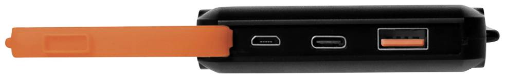 A USB charger with three ports: Mini-USB, USB-C and standard USB. An orange plastic arm is extended.