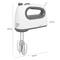 Hand mixer in white with a grey handle, two mixing attachments and a cable. Dimensions: 290 mm high, 80 mm wide, 190 mm long.