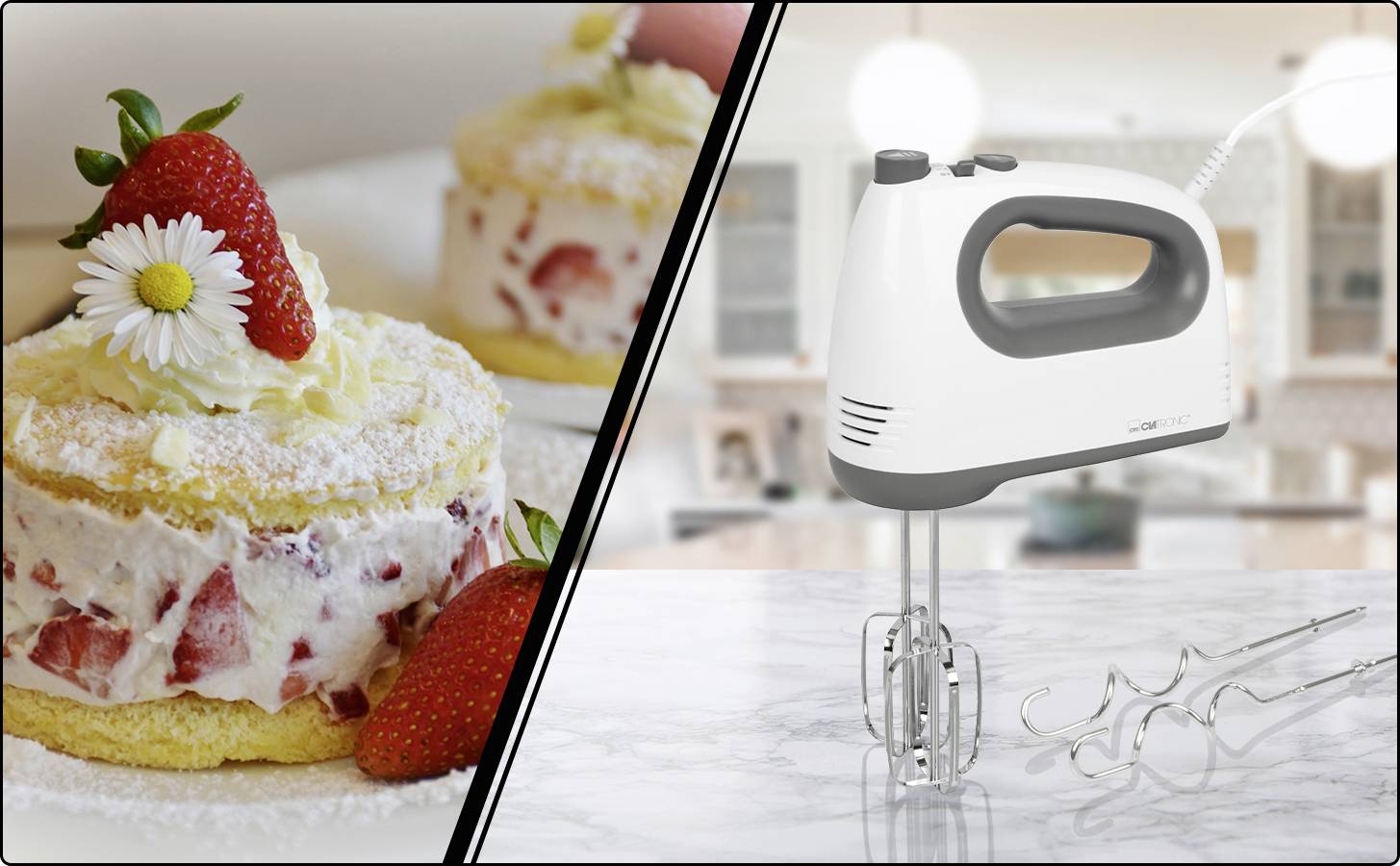 On the left side are strawberry tartlets with icing sugar and cream. On the right, an electric hand mixer sits on a kitchen worktop.