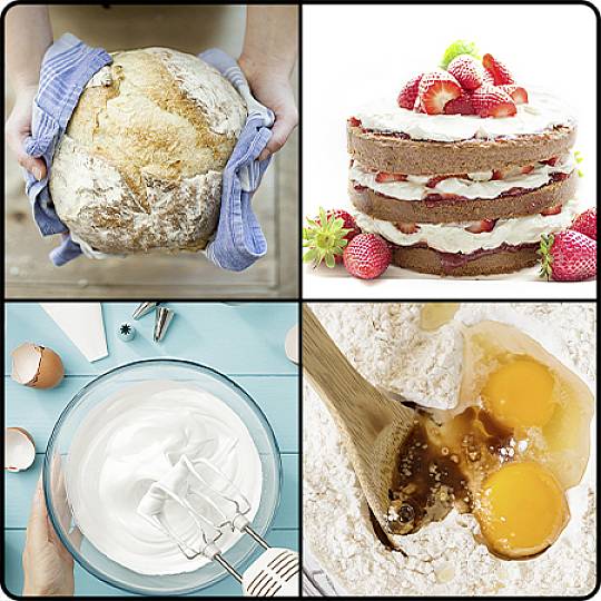 A collage of four images: A freshly baked loaf of bread being held in a cloth, a strawberry gateau with cream, stiffly beaten egg whites in a bowl, and two eggs in flour with a wooden spoon.