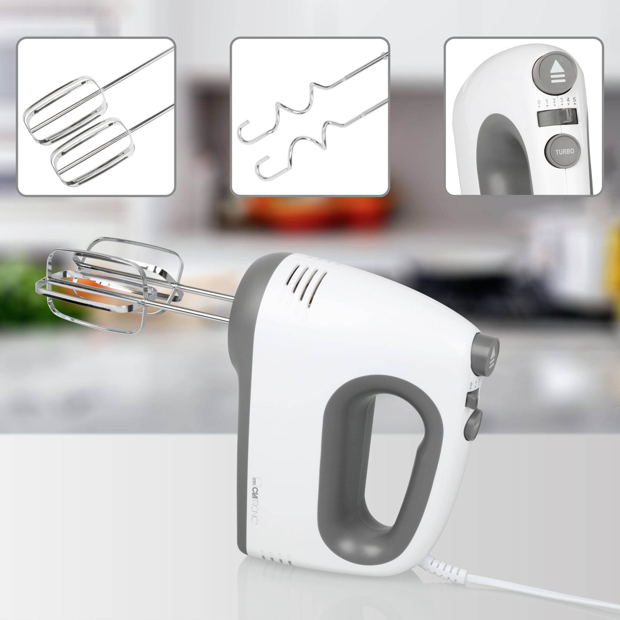 A hand mixer with two whisk attachments and a dough hook, positioned against a blurred kitchen background. A close-up reveals the control buttons.