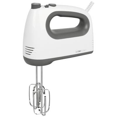 Electric hand mixer in white with dark grey details and two beaters, perfect for mixing dough and ingredients in the kitchen.