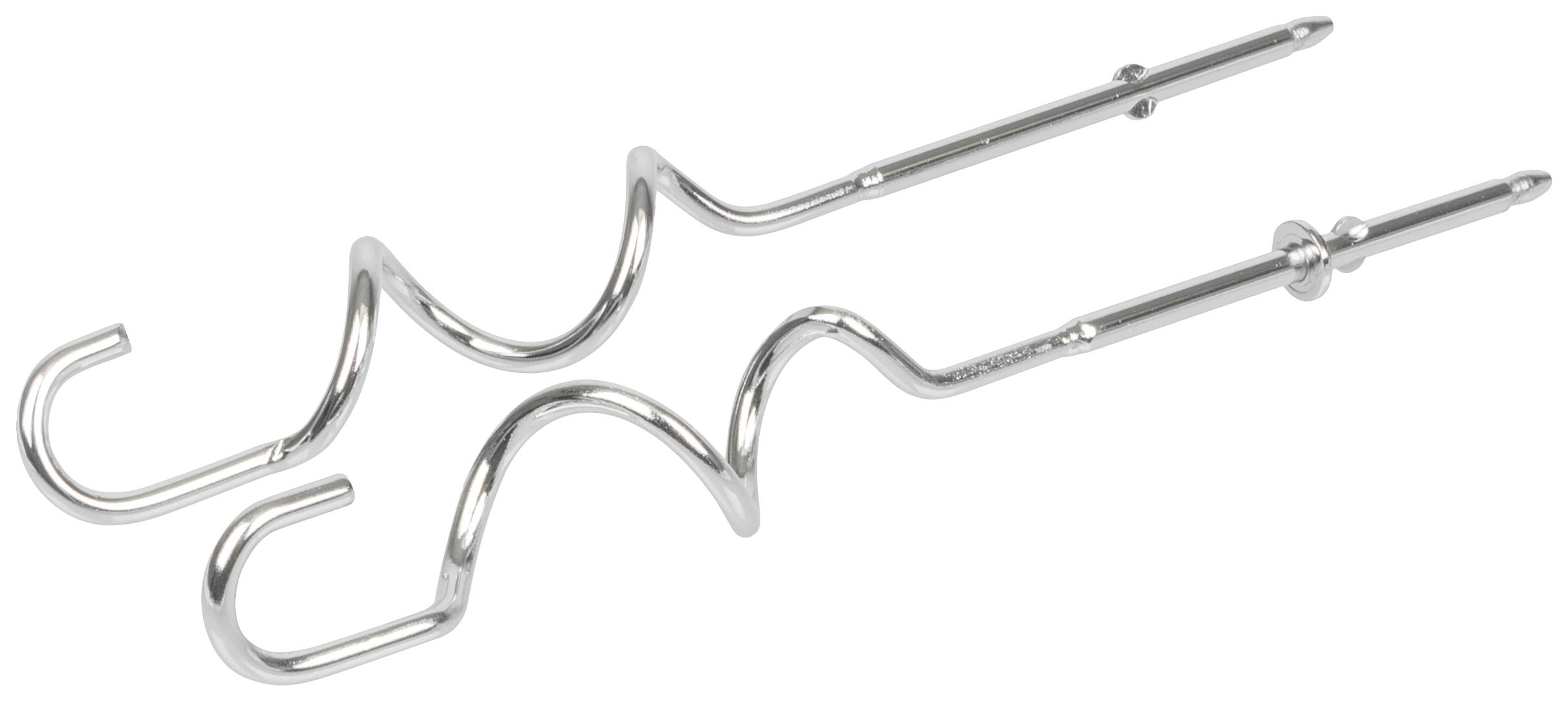 Two silver, twisted barbecue skewers with hooked ends lie parallel to each other on a white surface.