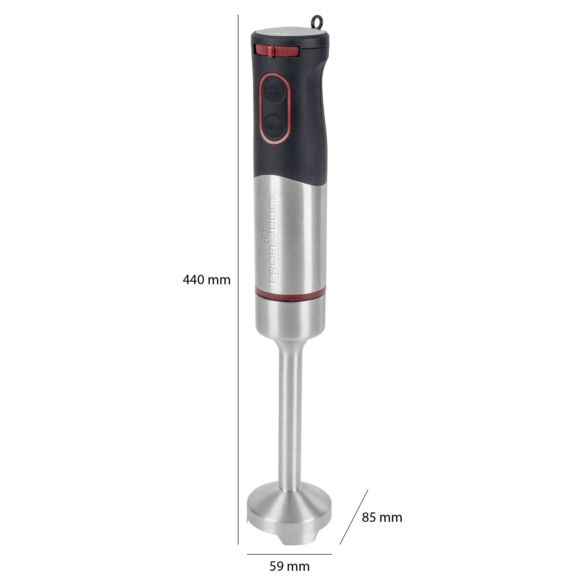 A hand blender with a stainless steel housing, black handle, red control elements, and dimensions of 440 mm height, 85 mm depth, 59 mm width.