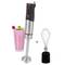 A silver-red hand blender beside a glass of pink smoothie and raspberries. A whisk attachment next to it.