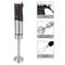 'Silver stick blender with 4-blade stainless steel mixing blade and whisk attachment, cable with hanging loop. Made of stainless steel.'