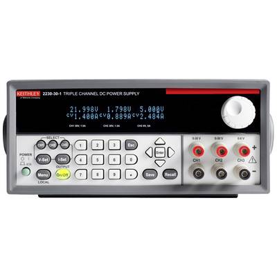 'Triple-output DC power supply with digital display. Shows various voltage and current values for three channels.'