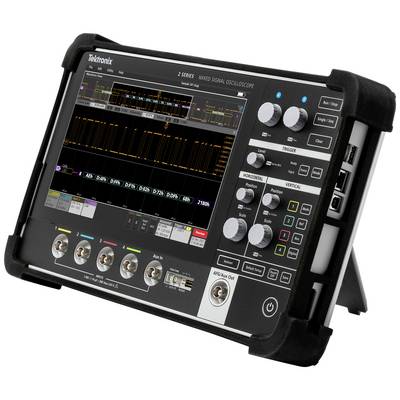 Electronic oscilloscope with digital display of various waveforms and signal data. Device is black and portable.