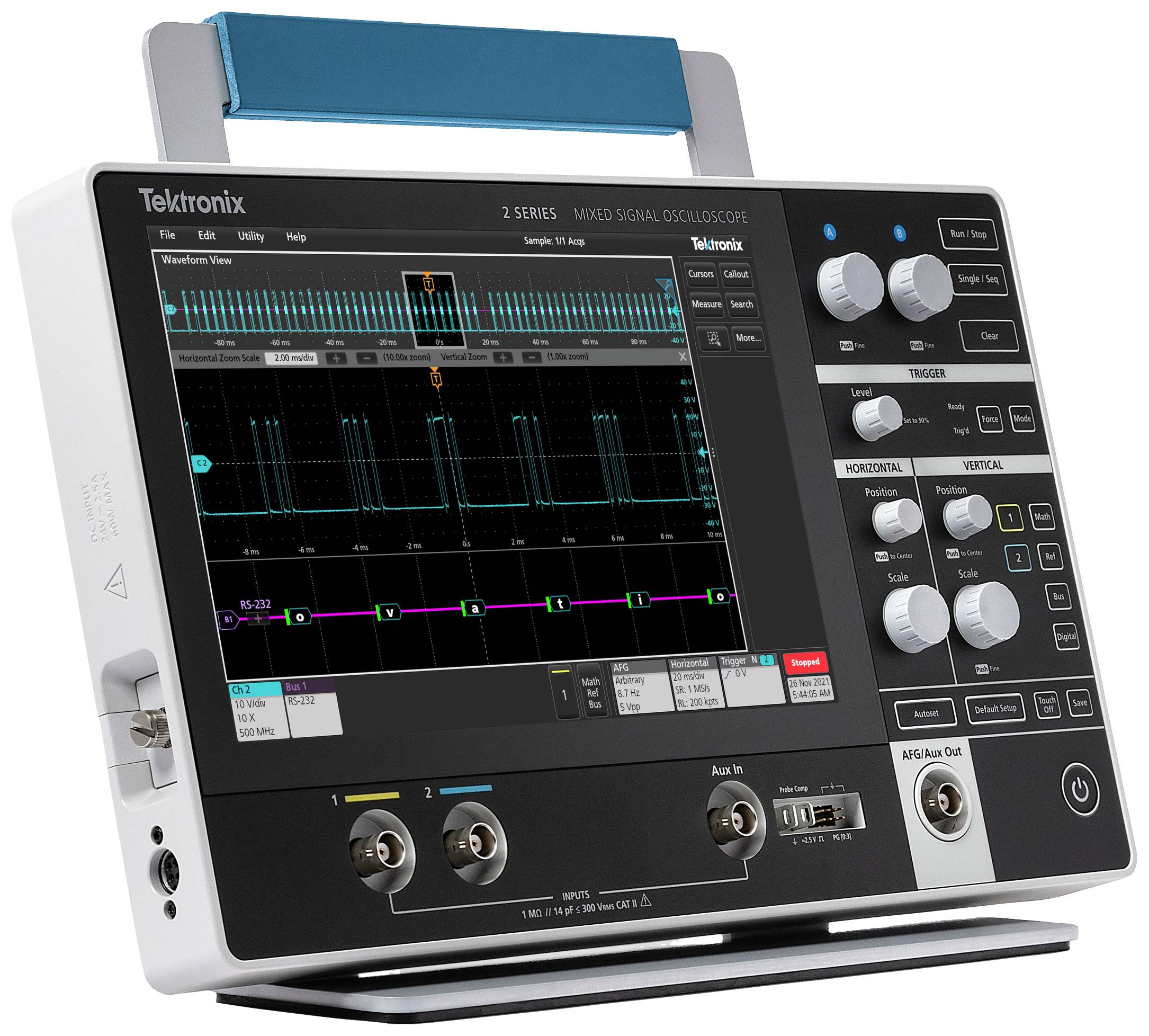An oscilloscope with a screen, displaying electrical signals as a waveform. Rotary knobs and connectors are visible.