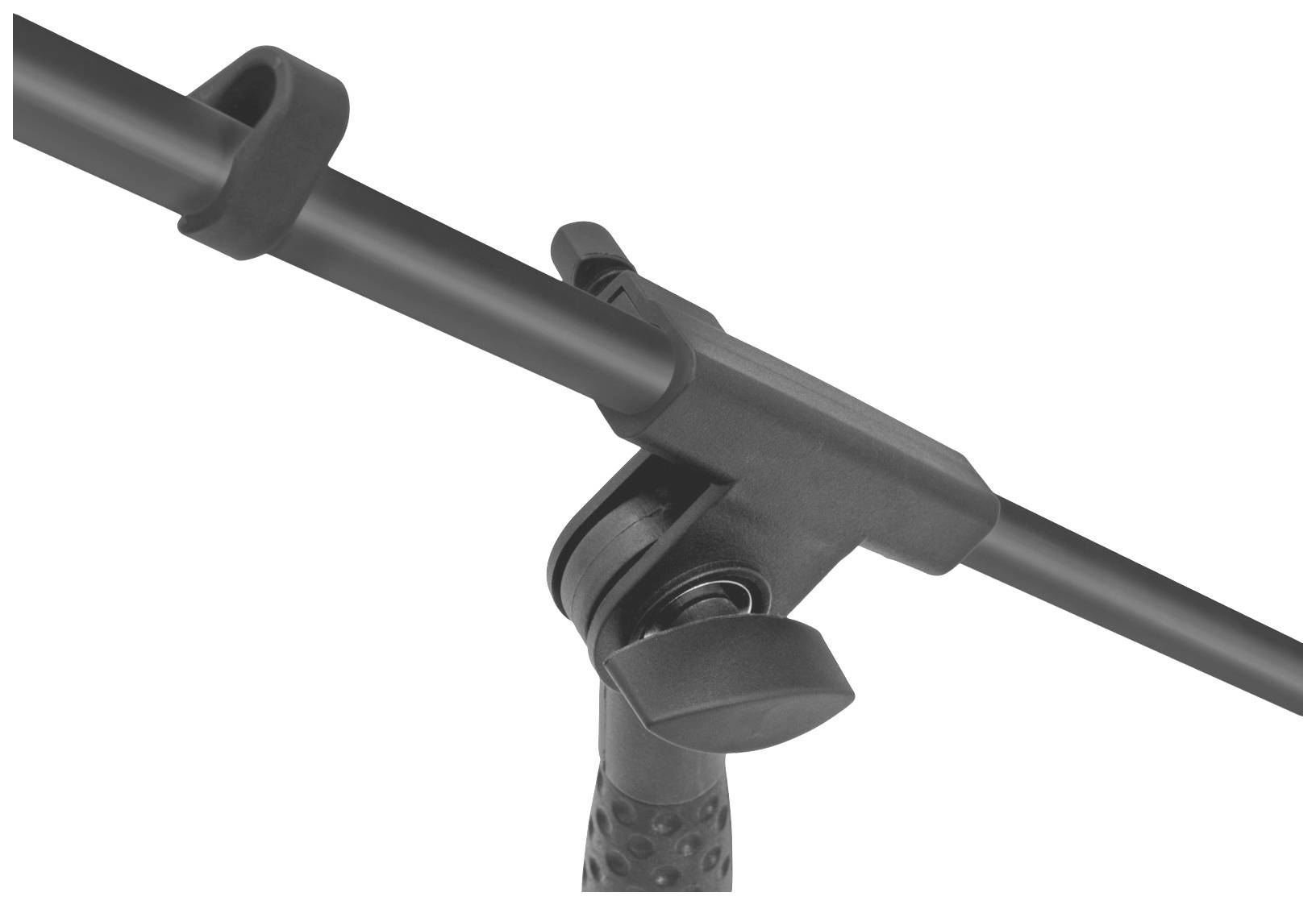 'Microphone stand with adjustable arm and mount, in black, against a white background.'