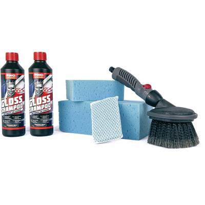 Car cleaning kit consisting of two bottles of shampoo, two blue sponges, a brush, and a white mesh sponge.