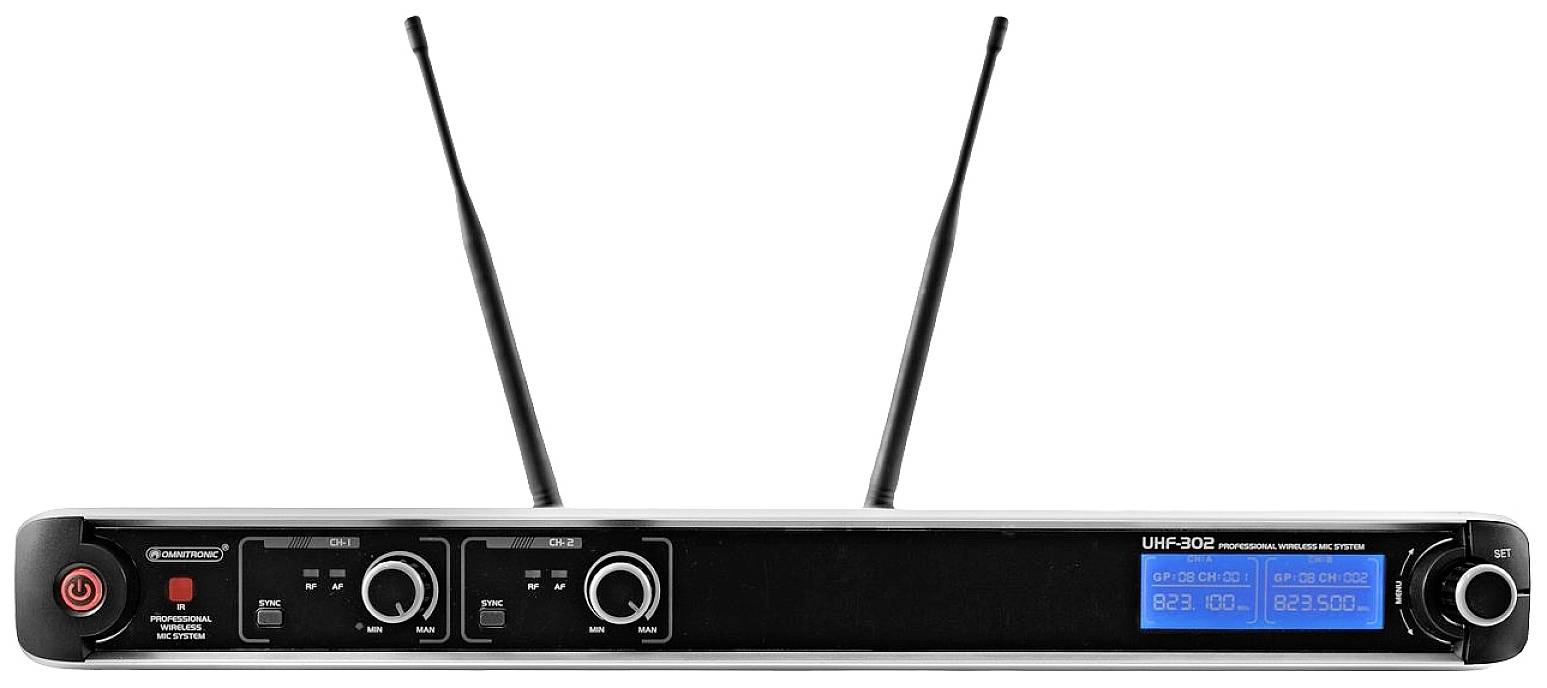 A wireless microphone receiver with two antennae and a digital display, showing frequency information, with front-facing controls.