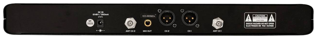 Back of an audio device with multiple connections such as XLR, power supply, and optical input. Warning sign indicating electrical hazard.