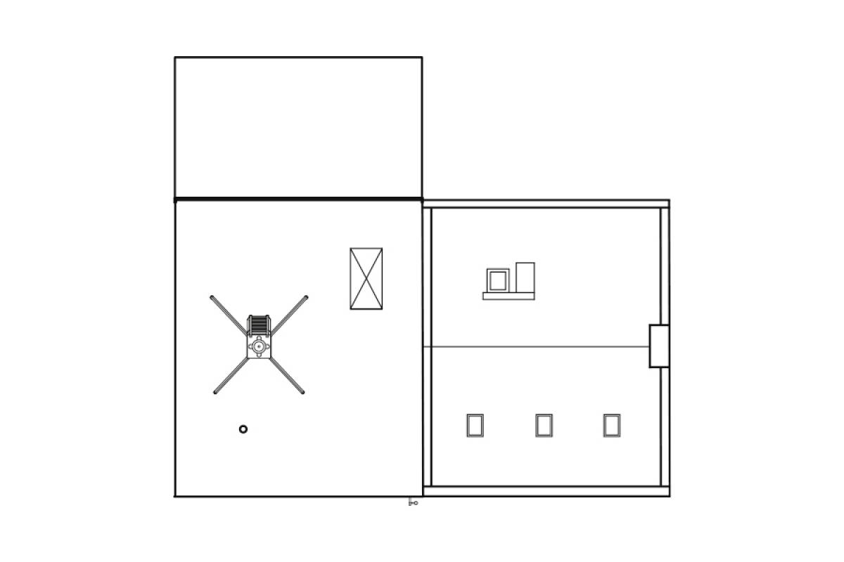 Technical sketch of a square room with a ventilation element marked in the centre and three small square elements.