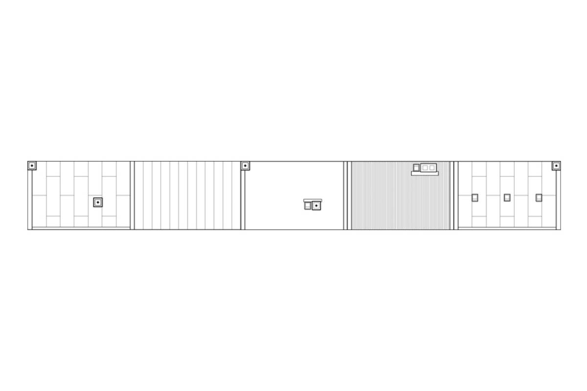 Technical drawing of a container in side view with multiple doors and a control panel on the right.