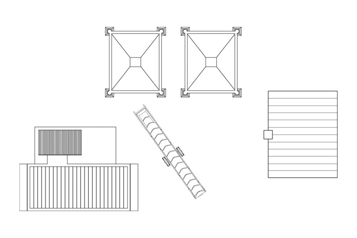 Technical Drawing: Two square ventilation grilles at the top, lower section featuring a grille with an attached pipe and flap, rectangular grille on the right.