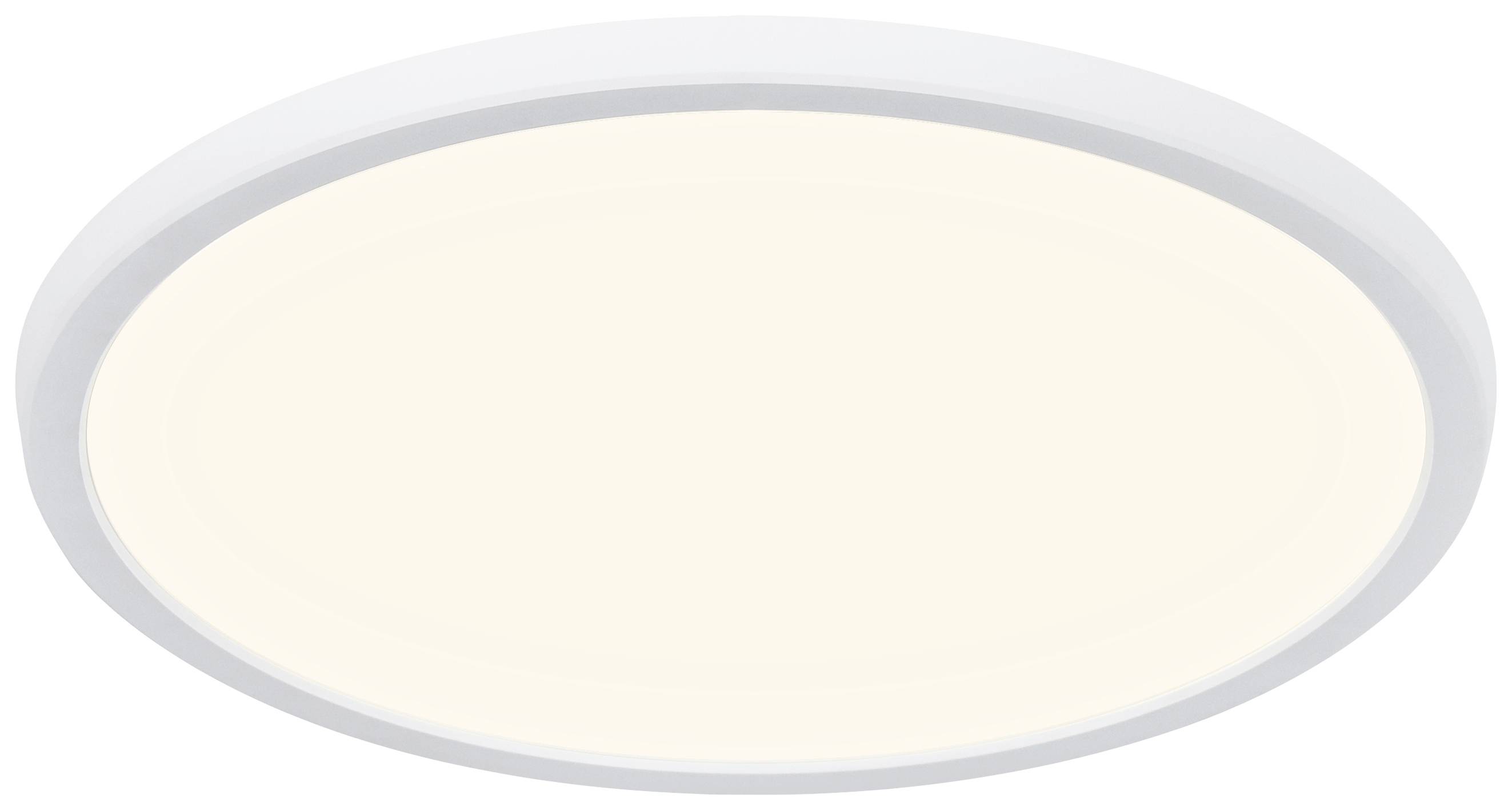 Round, flat LED ceiling lamp with white frame and warm light, perfect for contemporary interiors.