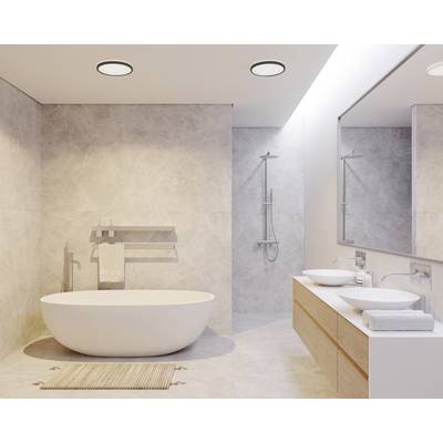 Modern bathroom with a freestanding bathtub, twin washbasins and a large mirrored wall, minimalist design in neutral tones.