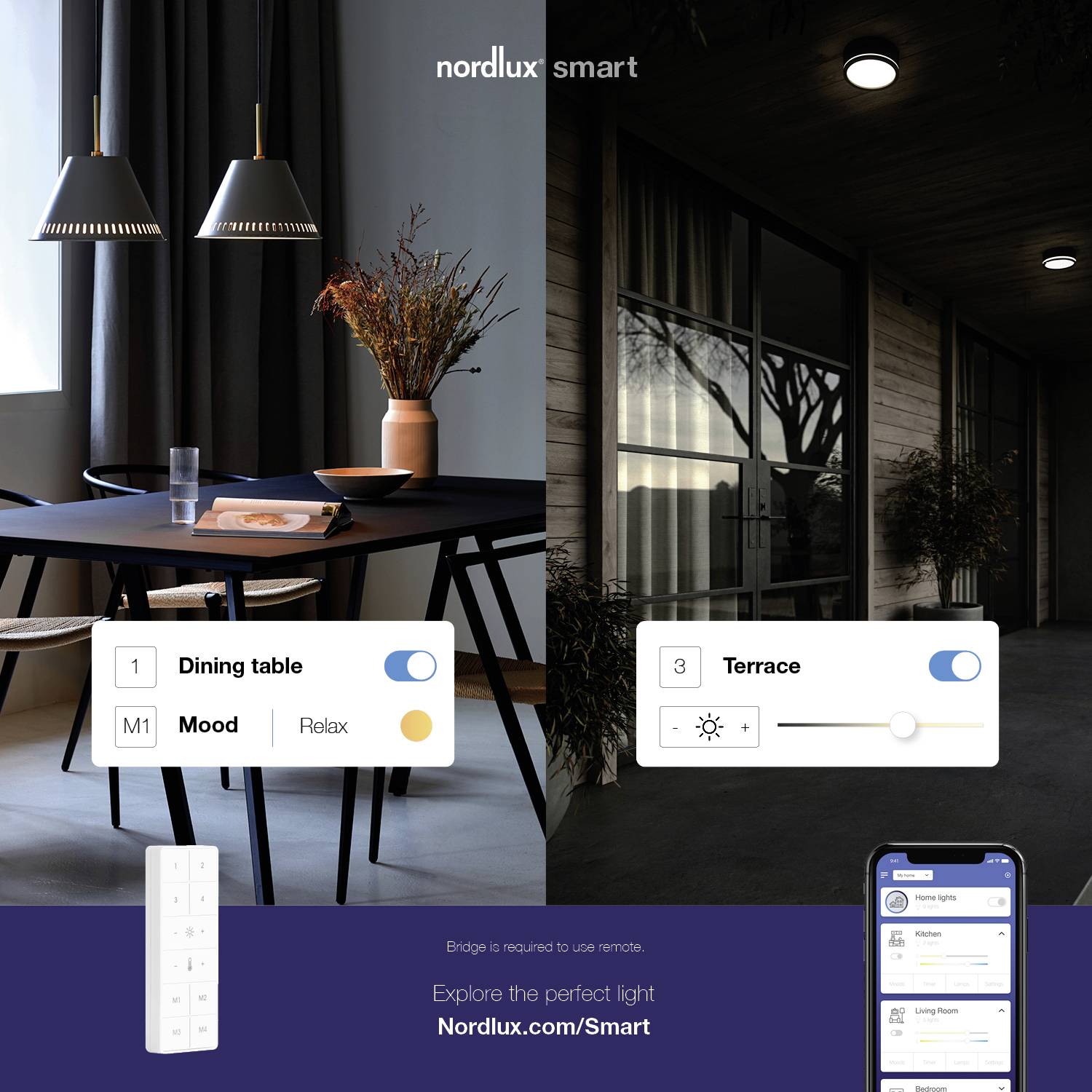 A contemporary interior with a dining area and terrace, illuminated by elegant lamps. Smartphone app displays lighting settings.