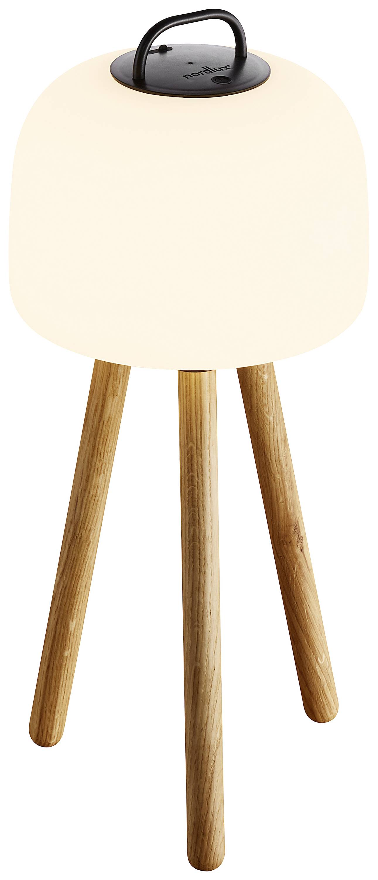 A contemporary table lamp with a round white shade and a three-legged wooden stand; a black handle is visible at the top.